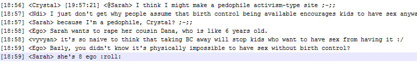 Sarah Nyberg @srhbutts on ffshrine.org chat saying she's attracted to her eight year old cousin. http://pastebin.com/pPbrd31v